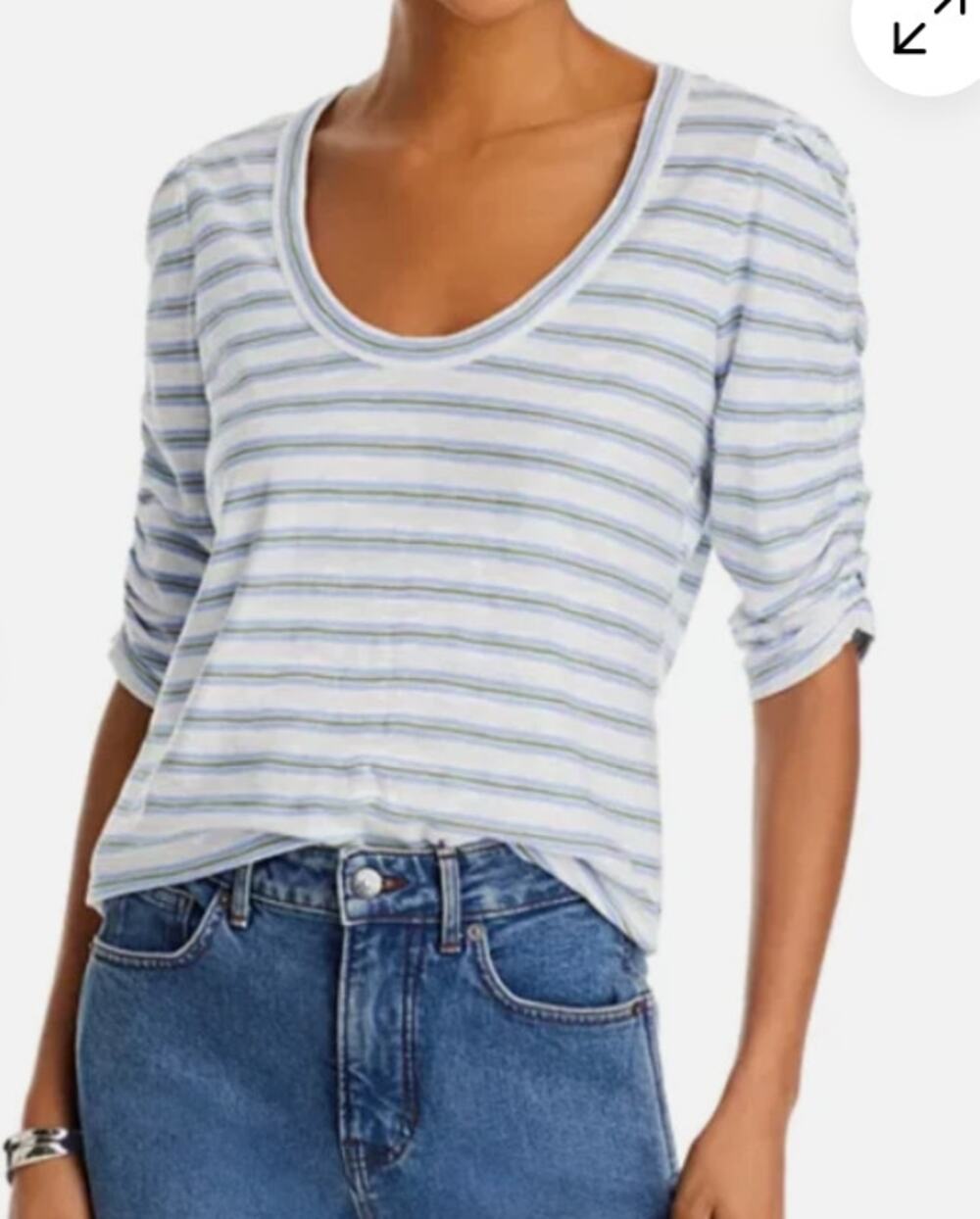 Veronica Beard Netto Scoopneck Cotton Elbow Length Sleeve Striped Tee Shirt Blue